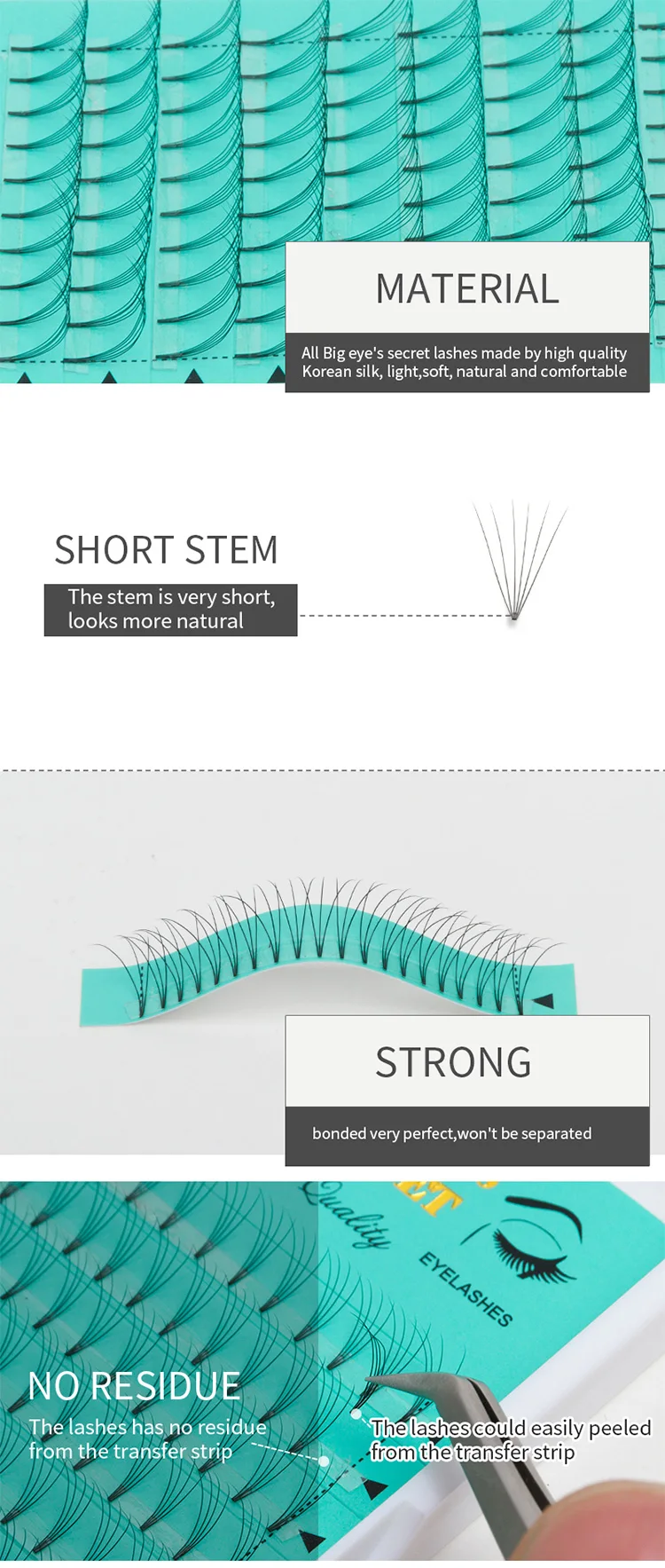 Big Eye's Secret, короткий стержень, русский объем, наращивание ресниц, предварительно изготовленные вентиляторы, 8-18 мм, предварительно изготовленные объемные вентиляторы, индивидуальное наращивание ресниц