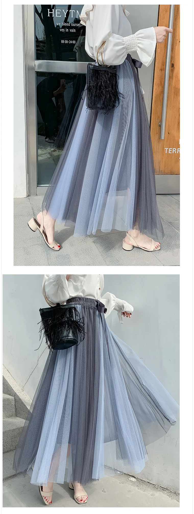 Лоскутная юбка Макси-тюль для женщин Лето эластичная высокая талия сетчатая юбка в складку Femem Повседневная Женская Saias Longa