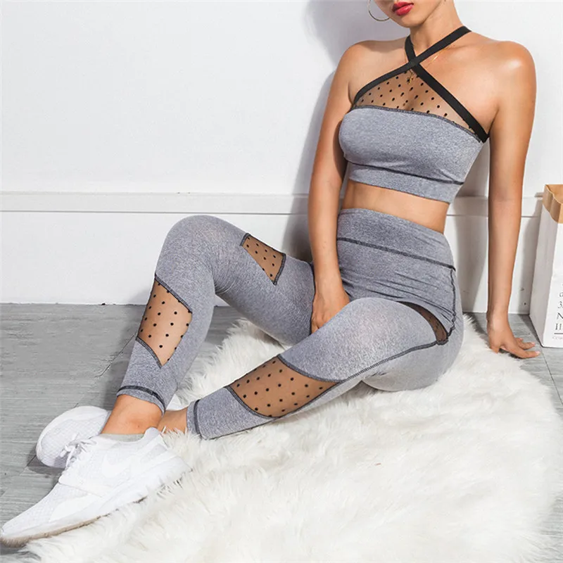 

Fitness Women Yoga Set Ensemble Sport Suit Tracksuit Hollow Out Sexy Gym Wear Running Clothes Mesh Tank Top Leggings Sportswear