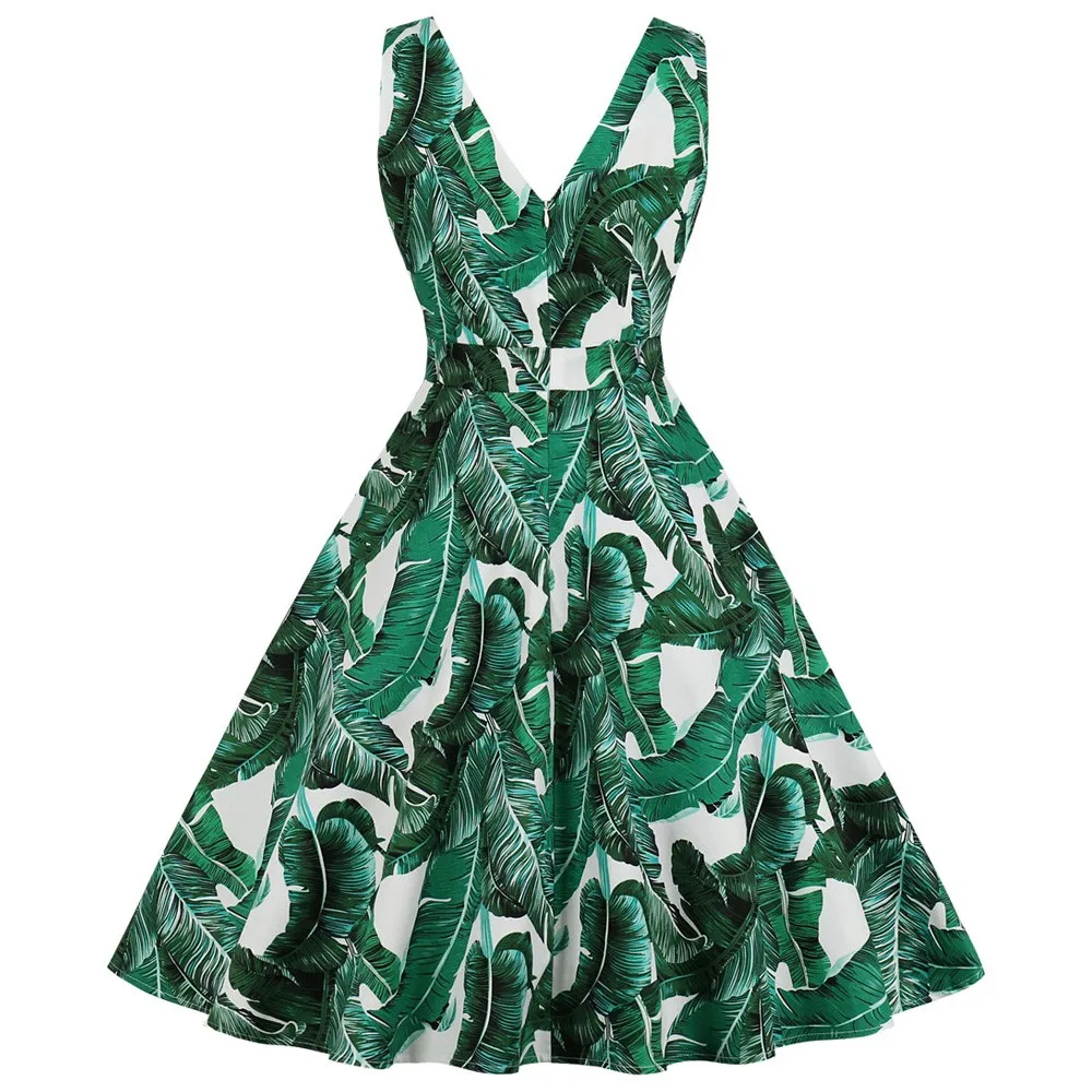 Joineles, летнее женское ретро платье с принтом в виде листьев, v-образный вырез, без рукавов, высокая талия, 60 s, винтажное платье, Vestidos Femme Robe Tuinc Petticoat