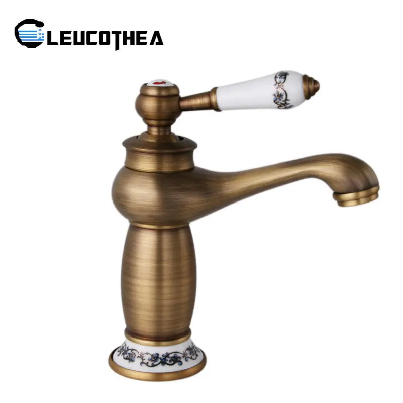 LEUCOTHEA Golden Copper Tap The Bathroom Faucet Retro Counter Basin Hot And Cold Single Hole Faucet Mixer Taps Sinks SJ-8107