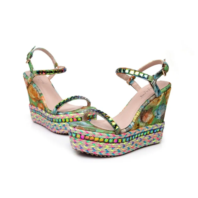 28_2016 Summer New Fashion Rhinestone High Heel Open Toe Sandals Casual Bohemian Wedge Elegant Shoes For Ladies High Quality