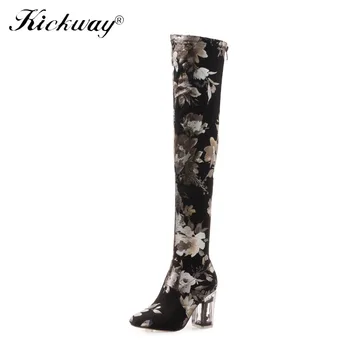 

Kickway Women Pointed Toe Autumn Over The Knee Boots Female Slip On Fashion Print Stretch Plus Size Shoes Ladies Sexy High Heels