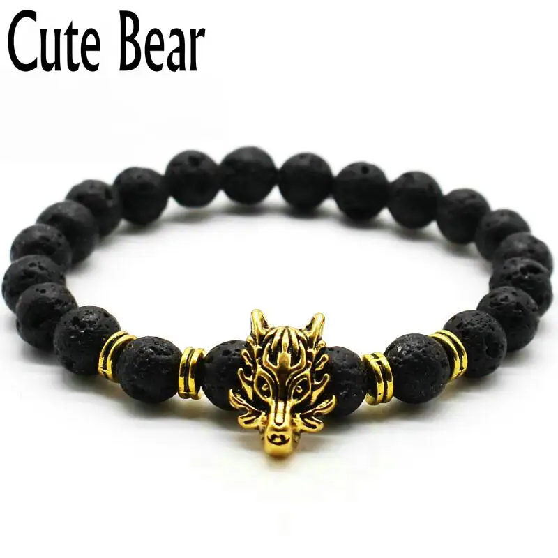 

Cute Bear Silver Plated Animal Wolf Head Bracelet Men Jewelry 8 mm Black Frosted Volcano Lava Stone Beaded Bracelets For Women