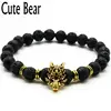 Bracelets de marque ours mignon pour hommes, bijoux antiques en argent, tête de loup, perles noires givrées en pierre de lave volcanique ► Photo 1/6