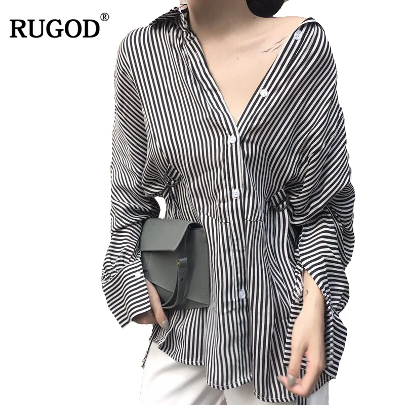 

RUGOD 2018 Spring Casual Long Striped Shirt With Adjusted Belt Women Turn-down Collar Long Sleeve Cotton Blouse Blusa Feminina