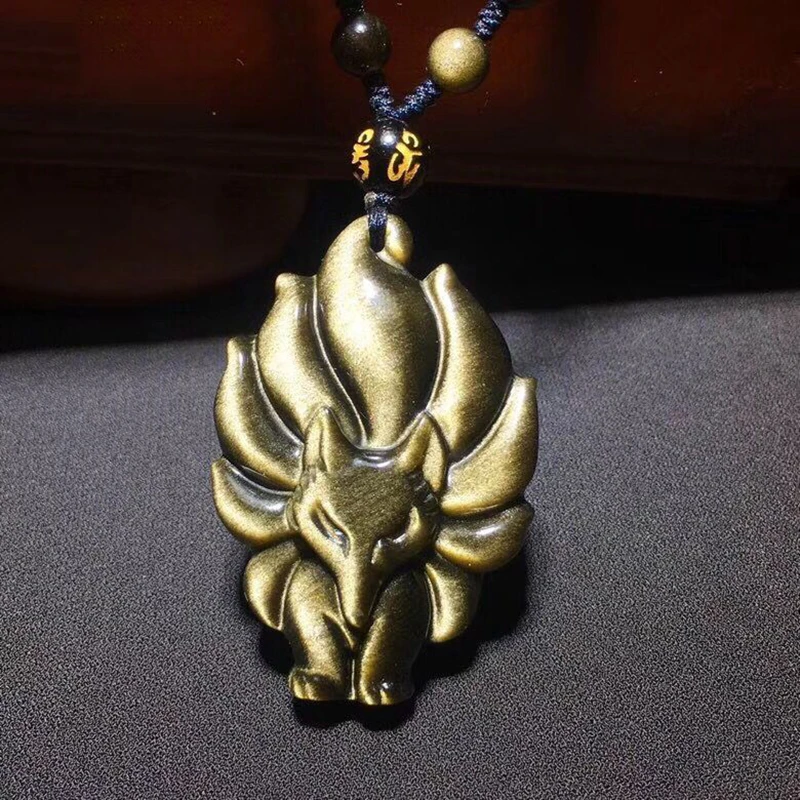 

Wholesale Fine Gold Black Natural Obsidian Stone Necklace Nine Tails Fox Pendant Lucky For Women Men Fashion Jewelry JoursNeige