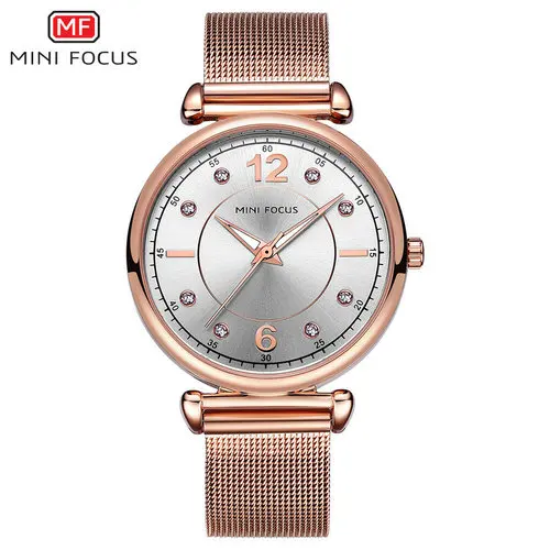 Мини-фокус модные женские часы лучший бренд роскошные розовые золотые сетчатые ремешок Украшенные стразами элегантные женские аналоговые часы - Цвет: ROSE GOLDEN