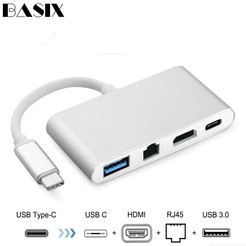 Basix Usb C Ethernet USB-C к HDMI 4 K+ гигабитный Ethernet(RJ45 порт)+ USB 3,0 type C концентратор адаптер USB-C разветвитель для Macbook