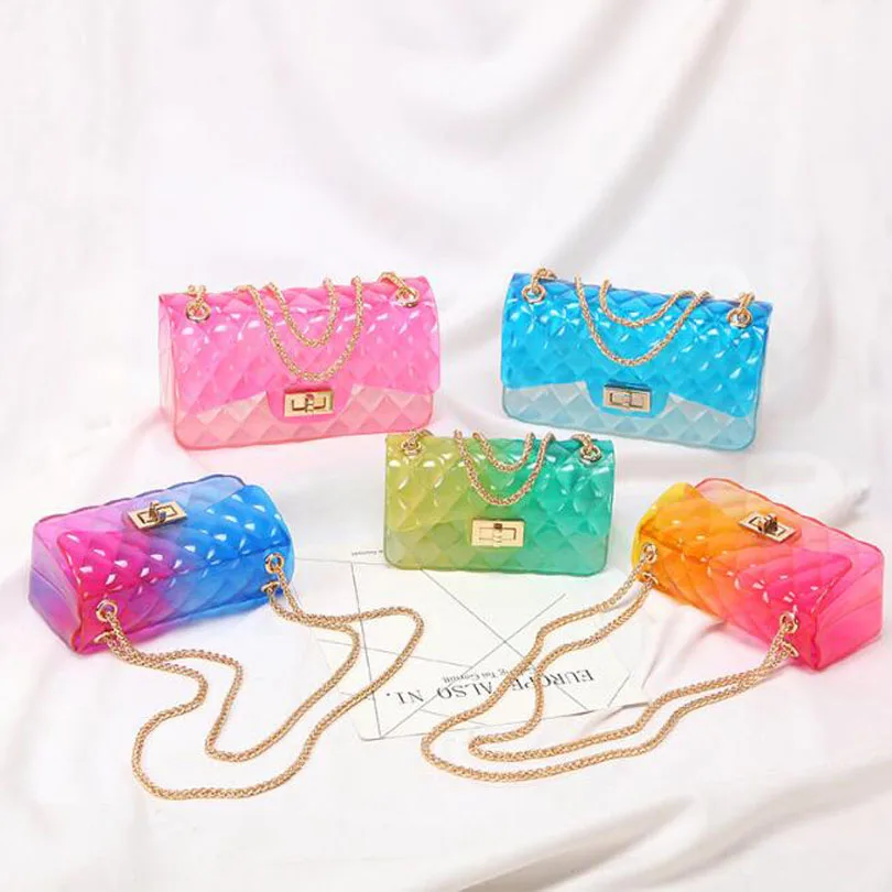 

Women Clear Colorful PVC Transparent jelly Bag Gradient Candy Color Crossbody Bags Designed Ladies Shoulder Chain Messenger Bag