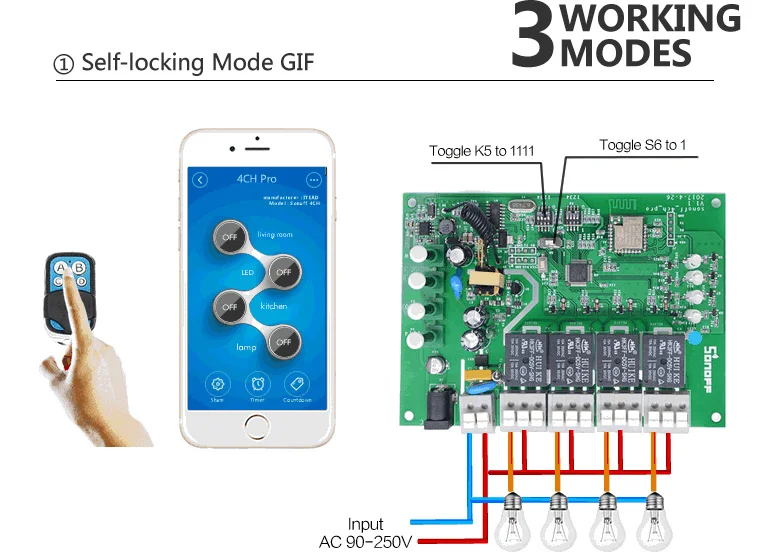 Sonoff 4CH Pro R2-4 банда WiFi RF Smart ON/OFF Пульт дистанционного управления таймером инчинг/самоблокирующийся/Блокировка на din-рейке