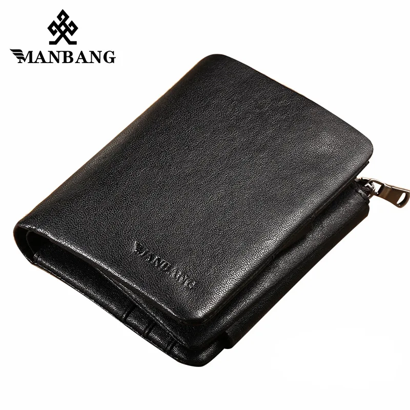 

ManBang Genuine Leather Wallet Men PORTFOLIO MAN Male Small Portomonee Vallet With Coin Purse Pockets Slim Rfid Black Mini Walet