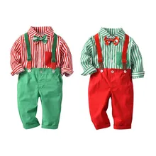 Рождественский костюм для маленьких мальчиков, красная, зеленая рубашка в полоску+ комбинезон, комплект одежды для мальчиков, Рождественский костюм для свадьбы рубашка для мальчиков