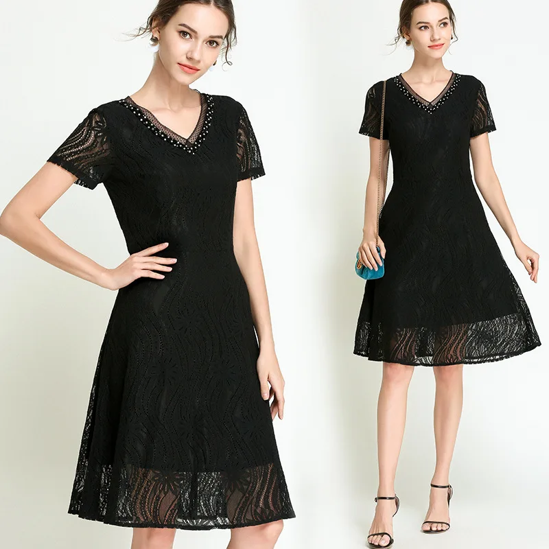2018Summer women plus size elegant V neck beaded Lace Dress high end