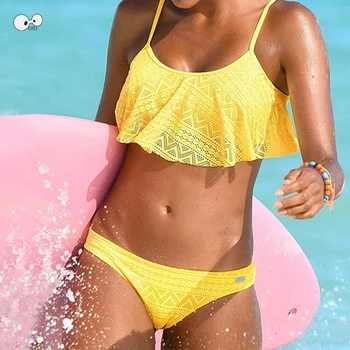 

2018 Push Up Bathing Suit Solid Color Bikini Set Sexy Low Waist Beach Swimwear Women Lace Up Flounce Summer Brazilian Swimsuit