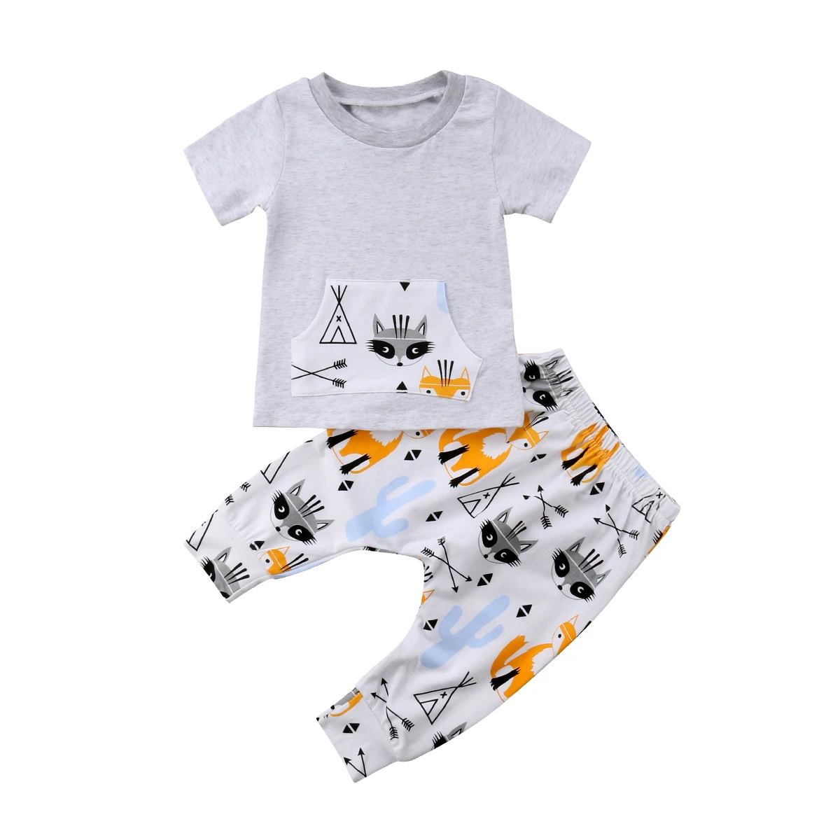Newborn Kids Baby Boy Pocket Tops T-shirt +Fox Long Pants 2Pcs Outfit Set Clothes 0-2Years |