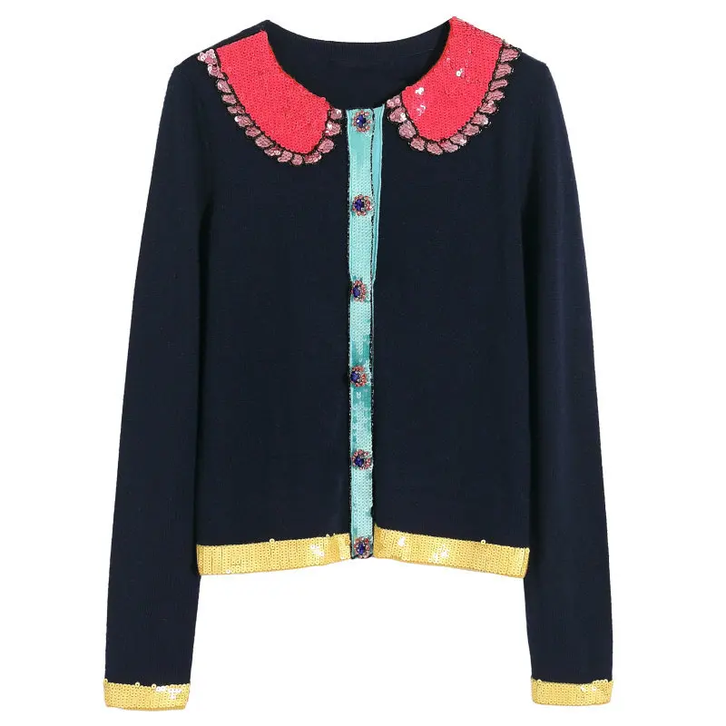 

100% Wool Brand fashion women's high-end luxury spring elegant slim sequined diamond knitted cardigan sweater