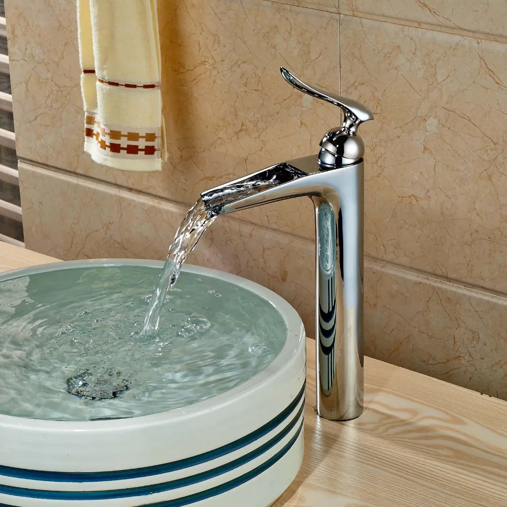 Waterfall Glass Spout Bathroom Basin Vessel Sink Mixer Faucet 1 Handle Hole Taps