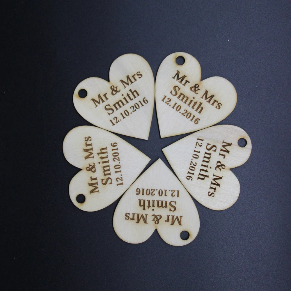 Wooden Wedding Table Cards 60 Pieces Personalized Engraved Wood Hangs Love Heart Centerpieces Wedding Table Decoration Favors Candy Tags
