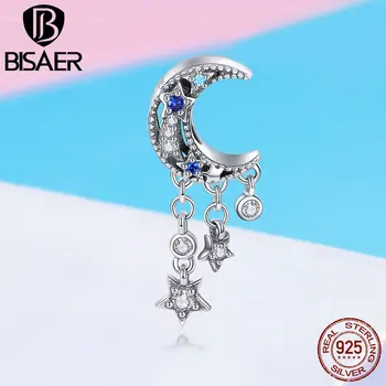 

BISAER Hot Sale 925 Sterling Silver Moon And Star Clear CZ Charms Beads fit for Original Bracelets DIY Jewelry Making EFC023