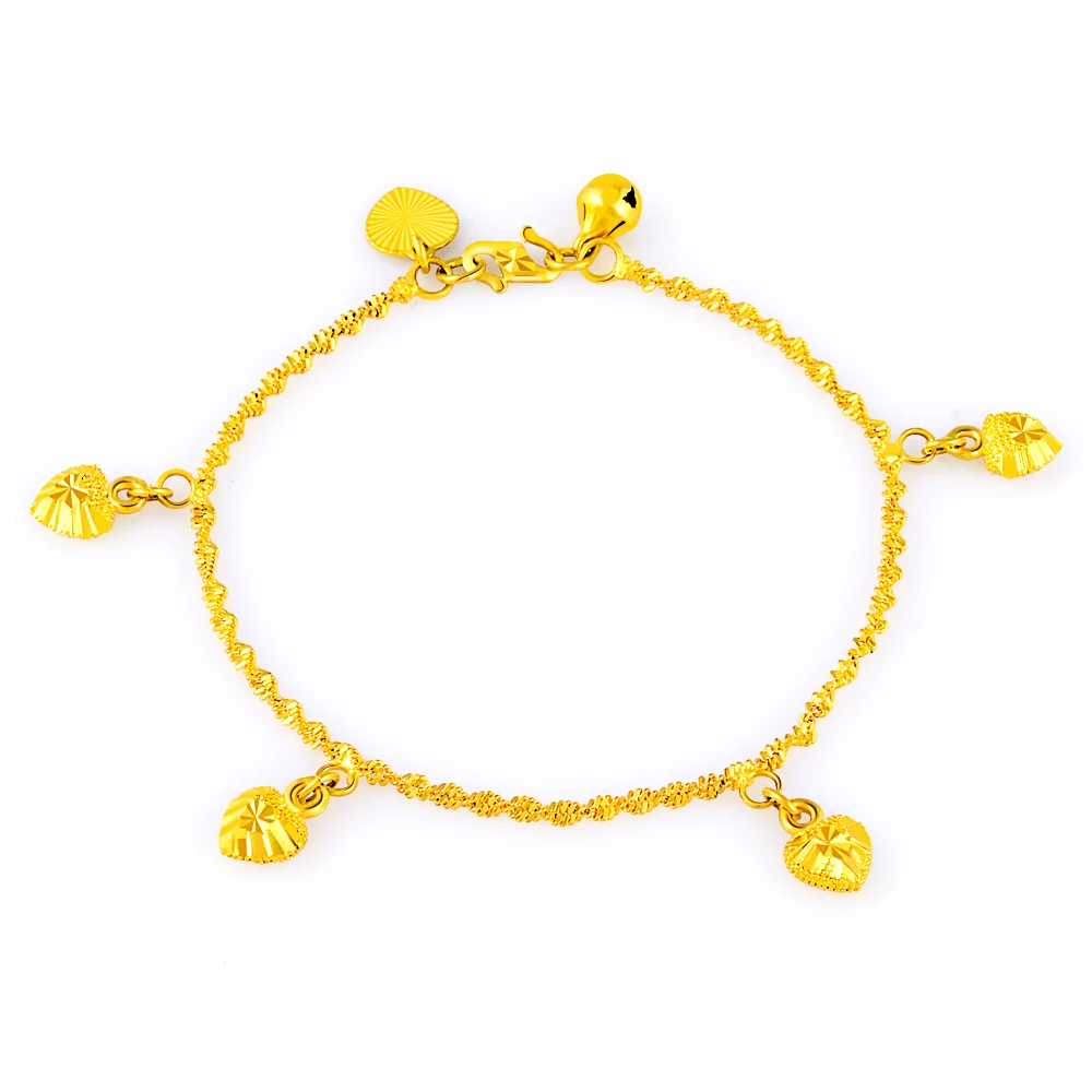 

wholesale pure gold color 2mm wave chain with four hearts bracelet for Women / girls 18cm.fashion women Jewelry Bracelet