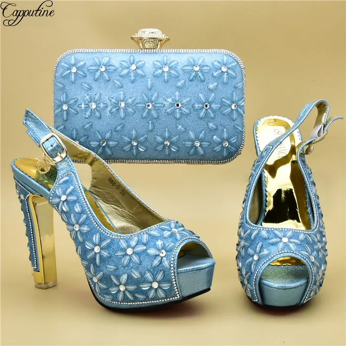 Most fashion light blue high heel sandal shoes and evening handbag set nice matching for evening dress 988-5 heel height 12cm