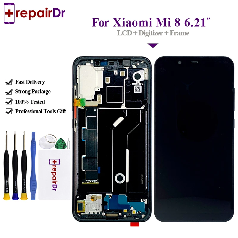 

5PCS 6.21" Screen For Xiaomi Mi 8 LCD MI8 Display Touch Screen Digitizer Assembly Replacement Test For Xiaomi Mi 8 LCD + Frame