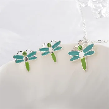 

RONGQING 12pcs/lot Cute Crystal Cartoon Dragonfly Pendant Chain Necklace Out Simple Design Enamel Insect Necklace Suit for Women