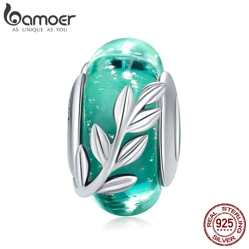 BAMOER Genuine 925 Sterling Silver Tree Leaves Green Leaf Murano Glass Beads Fit Charm Bracelets & Bangles DIY Jewelry SCC863 BAMOER Genuine 925 Sterling Silver Tree Leaves Green Leaf Murano Glass Beads Fit Charm Bracelets & Bangles DIY Jewelry SCC863