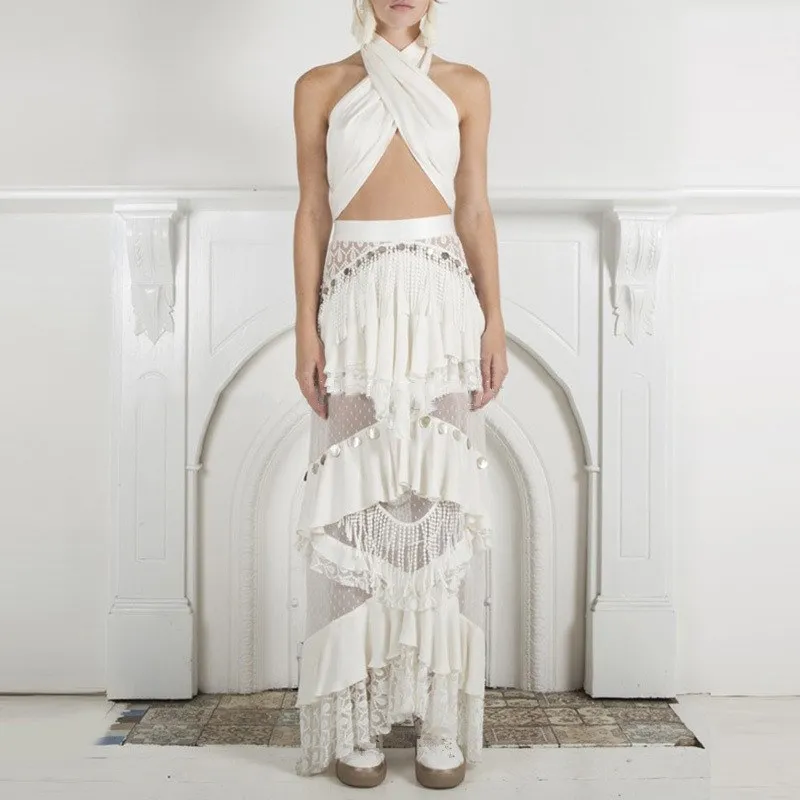 

2019 Fashion Party Two Piece Sets For Women Strapless Crop Tops High Waist Patchwork Lace Long Skirts Tassel Sets