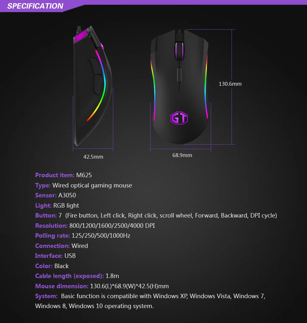 Delux M625 A3050 RGB Backlight Gaming Mouse 4000 DPI 7 Programmable Buttons USB Wired Mice For Overwatch LoL Game For PC Laptop