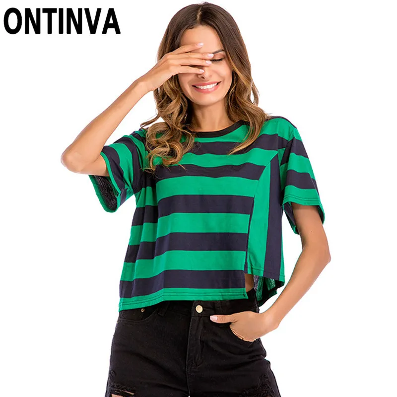 

Womens Irregular Patchwork Striped T-Shirt 2020 Mujer Casual Loose Tees Tops Tunic Summer Fashion Girls Classic Pullover Tops