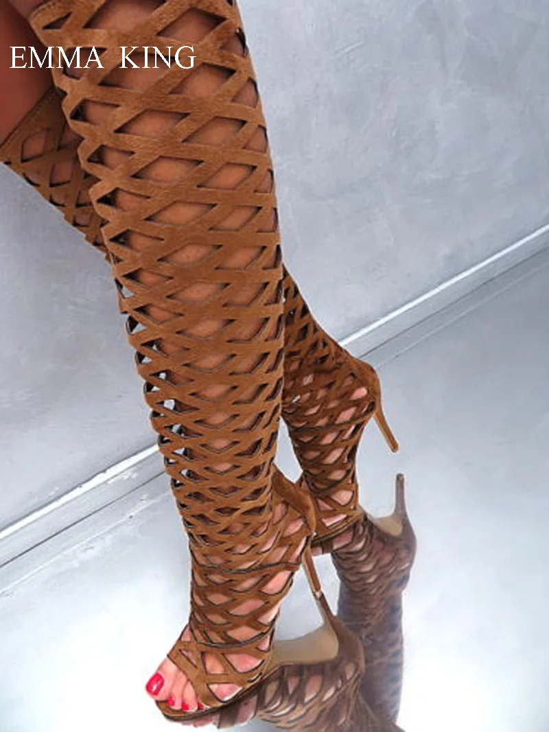

2019 Brown Long Boots Ladies Luxury Knee High Boots Back Zipper Open Toe Cut outs Knight Boots Women Shoes Stiletto High Heels