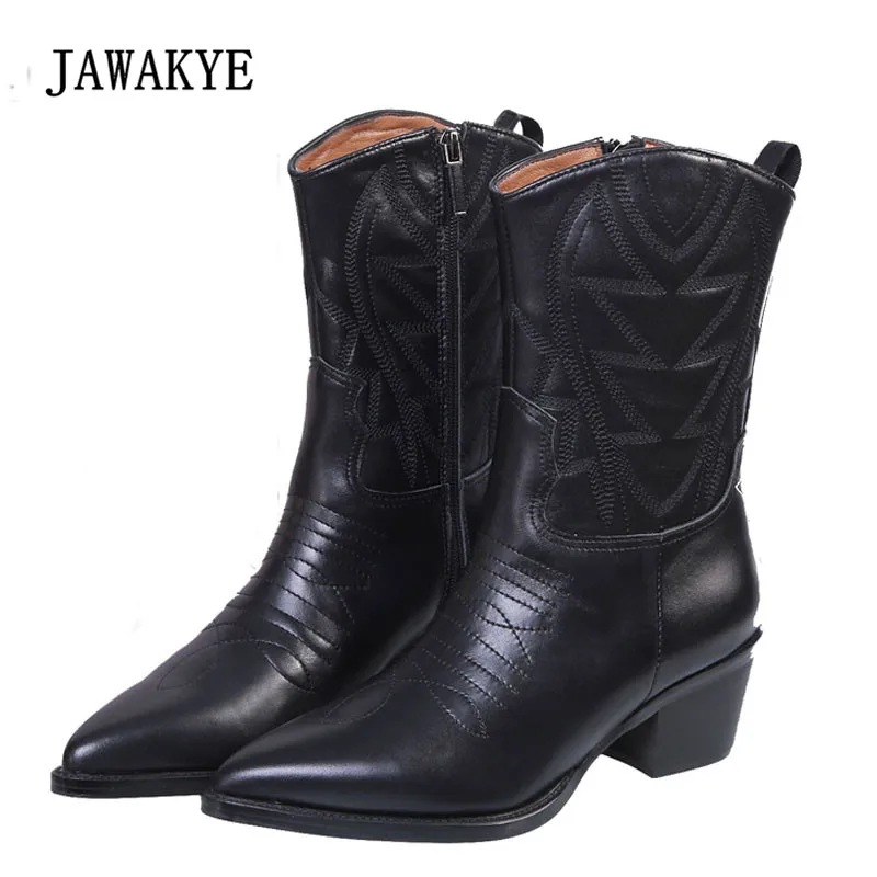 Negro Martin Tacón 2018 Tobillo Cuero Black Botas Punta Estrecha Alto Moda Bordado Leather Mujer Verdadero qfWHnTZa