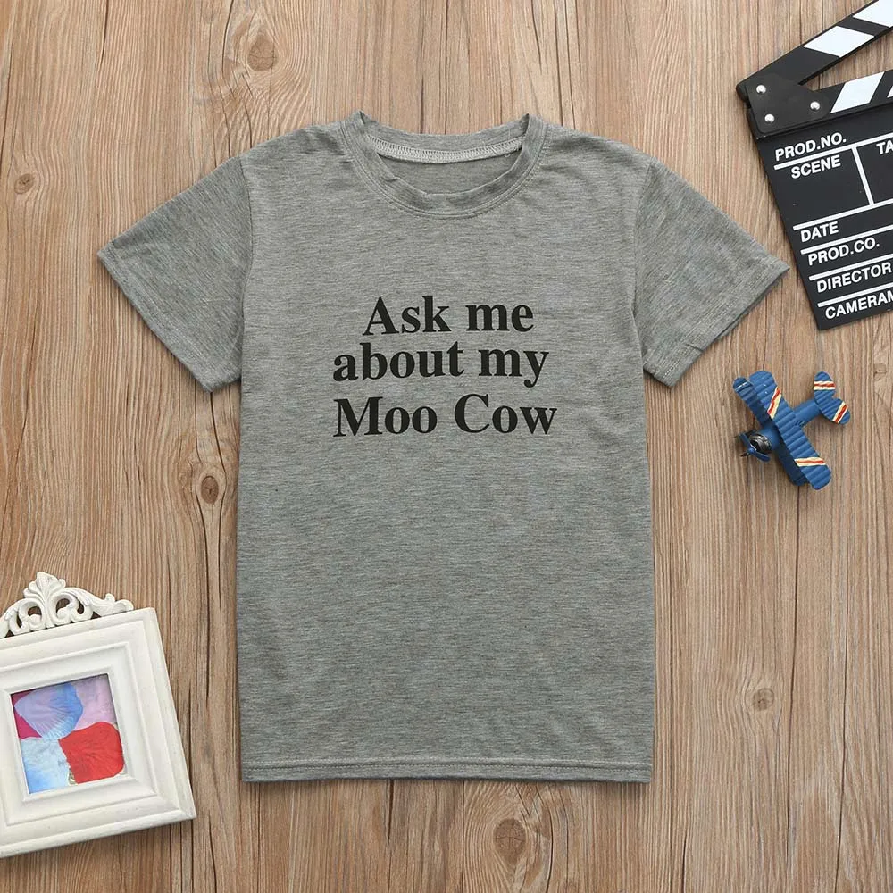 Детская футболка с надписью «ASK ME ABOUT MY MOO COW» Мягкие топы с надписью «Cow Inside» для маленьких мальчиков и девочек, Милая футболка