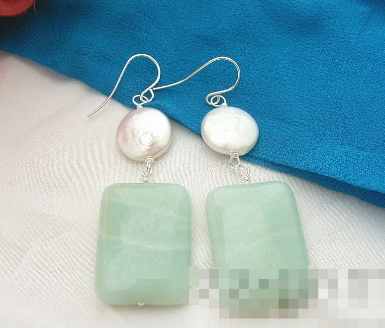 

Hot selling> 1166 White Pearl&Amazonite Earring -Bride jewelry free shipping