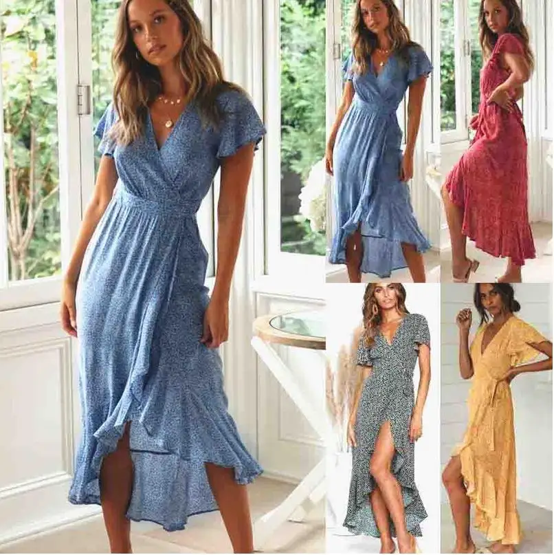 

Hot Sale Boho Women Summer Holiday Polka Dot Maxi Dress V-neck Long Shirt Dress Size 6-14