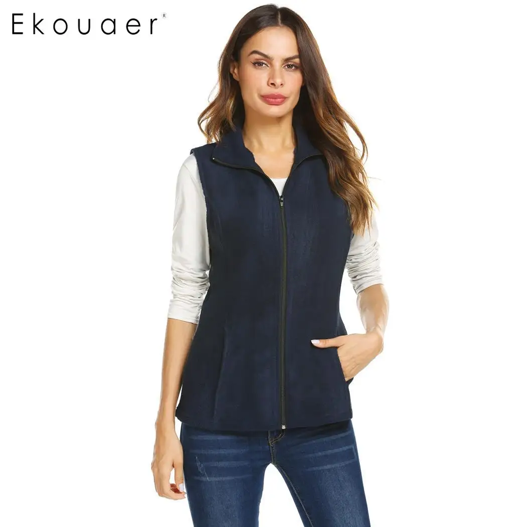 

Ekouaer Women Fashion Vests Jacket Stand-Up Collar Zipper Vest Spring Autumn Outwear Side Pockets Slim Solid WaistCoat