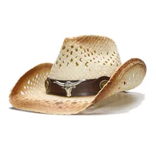 Винтажные Ретро женские мужские соломенные из пальмового волокна Широкий пляжный навес полый ковбой ковбойская шляпа ковбойская голова быка кожаный ремешок(58 см
