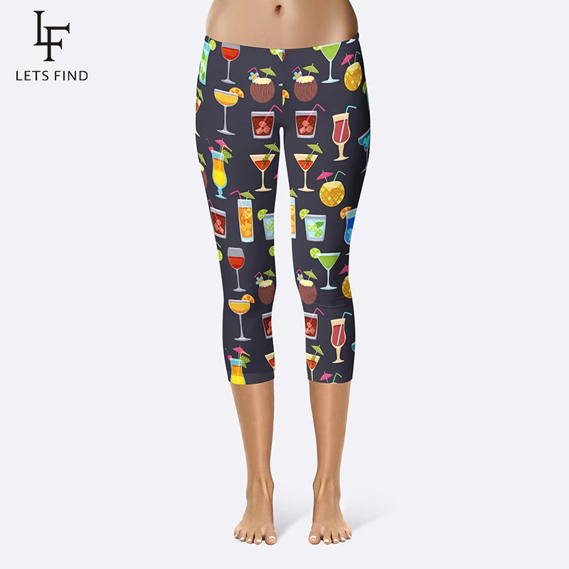 

LetsFind Women's 3/4 Length Leggings Polyester Plus Size Capri Legging Printed Wine Glass High Stretchy Leggings Pants