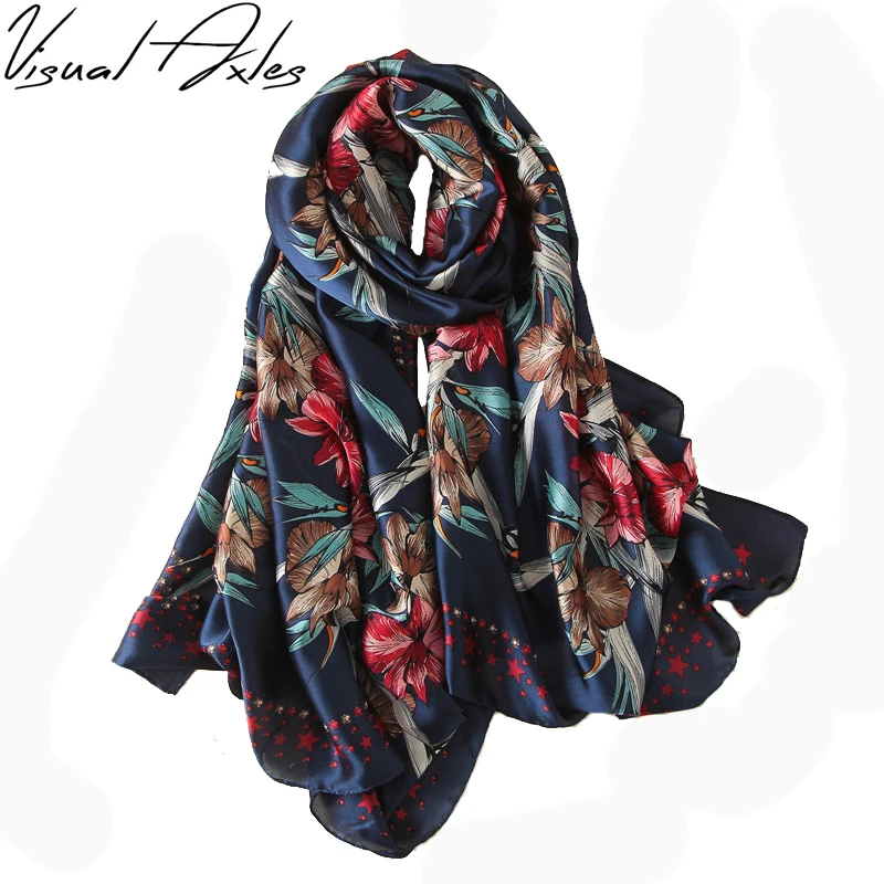 

[Visual Axles] Women Luxury Brand Silk Scarf Print Designer Navy Blue Floral Natural Silk Scaves and Shawls SFN110