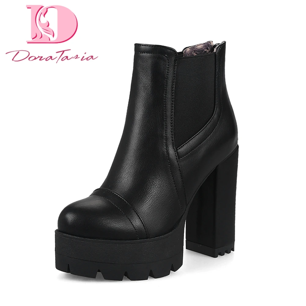 

DoraTasia 2018 plus size 32-43 platform slip on women shoes woman fashion square high heel ankle boots winter motorcycles boots