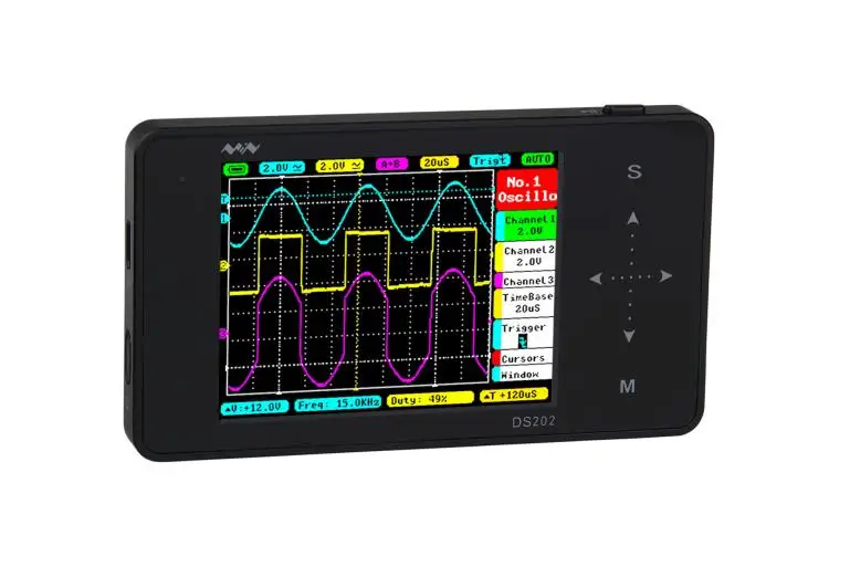 

Pocket Sized Mini Digital Storage Oscilloscope DS202 2 Channel Bandwidth 1 MHz 10MSa/s Color Display Sliding Touch DSO