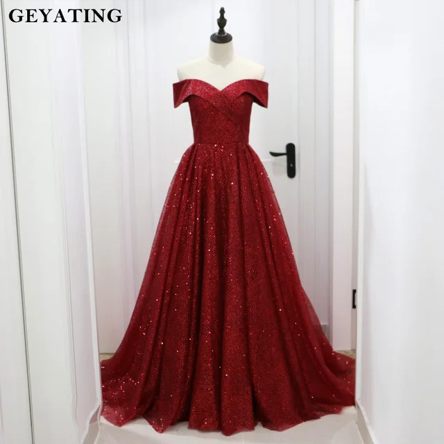 Glitter Sequin Burgundy Dubai Evening Dress 2019 Saudi Arabic Off the