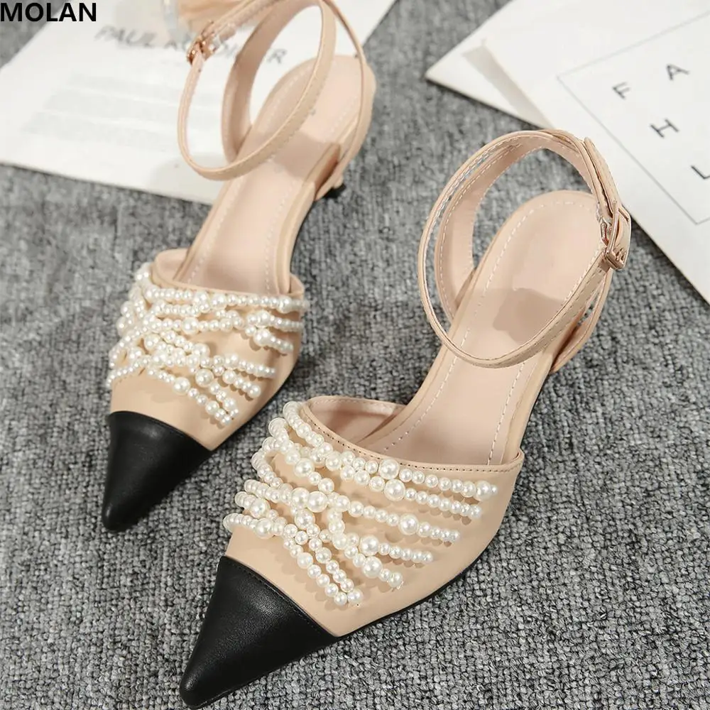 

MOLAN Brand Designers 2019 Luxury Pearl String Bead Mix Colors Med Kitten Heels Woman Sandals Elegant Lady Leather Shoes Buckle