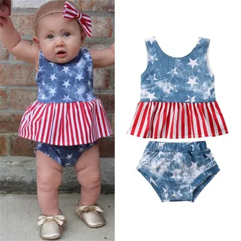 

Summer Cute Girl Casual Sleeveless Sets Star Stripe Print Cotton Vest Tops T-shirt Shorts Outfits Set American Holiday Set