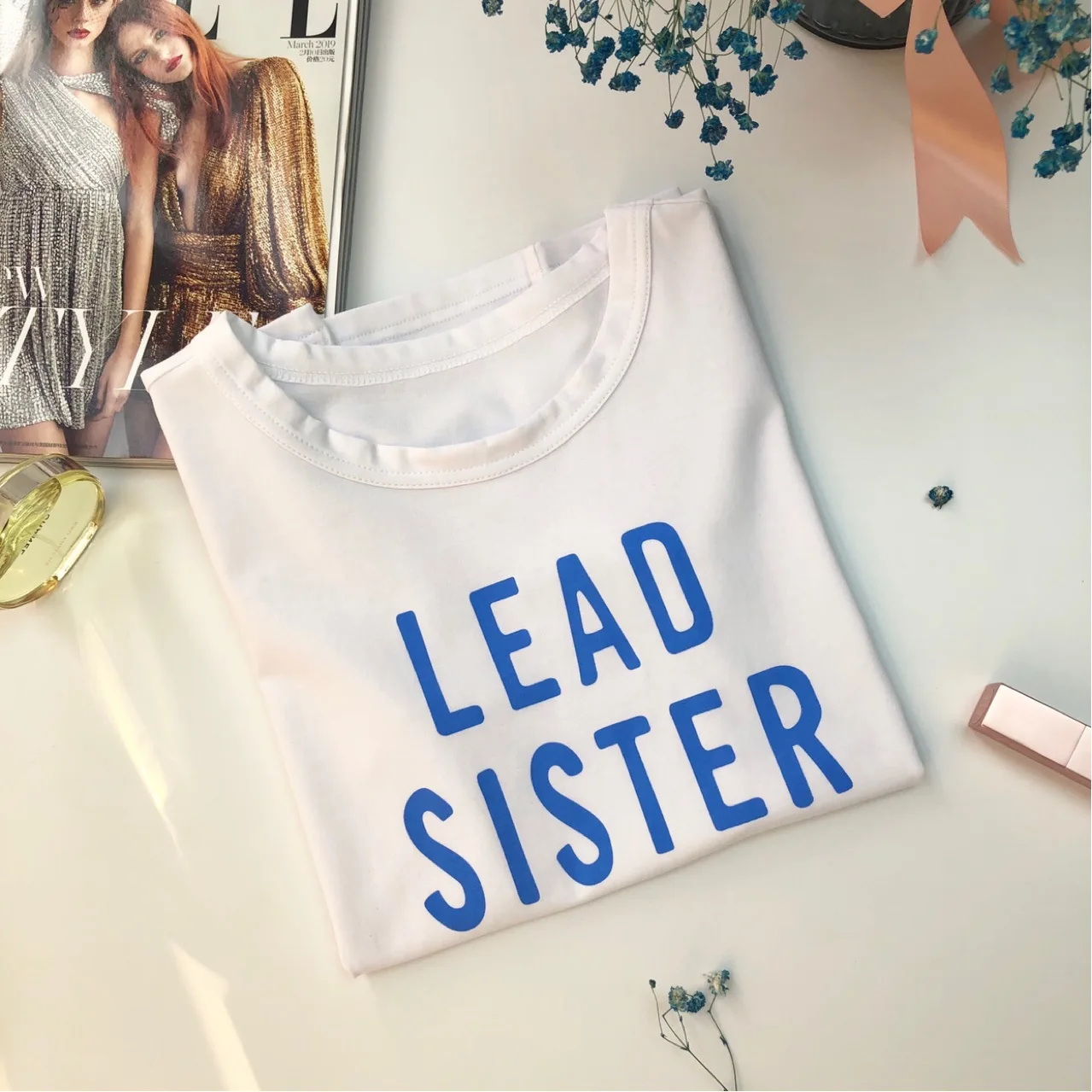 

Women T-shirt 2019 Spring and Summer Blue Letter Simple Washed Cotton Short-sleeved T-shirt