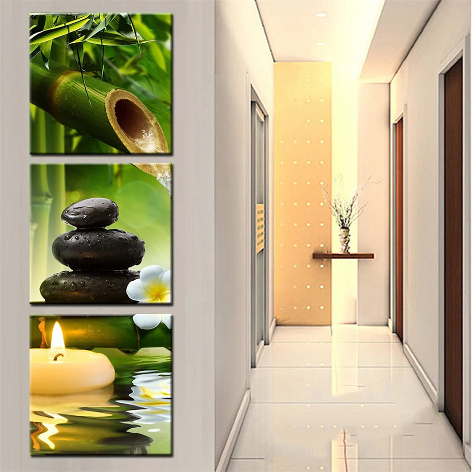 Canvas Home Decor Painting 3 Pieces Green Bamboo Pictures Modular HD Printed Stone Spa Poster For Living Room Wall Art Framework