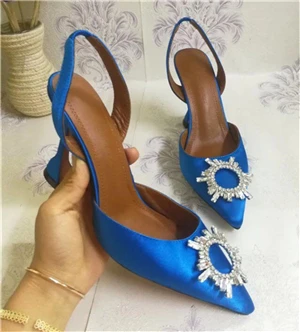 Luxury Satin Cup Heel Sandalias Mujer Sexy Back Strap Pointed Toe Crystal Buckle Individual High Heel Summer Sandals Women - Цвет: Blue