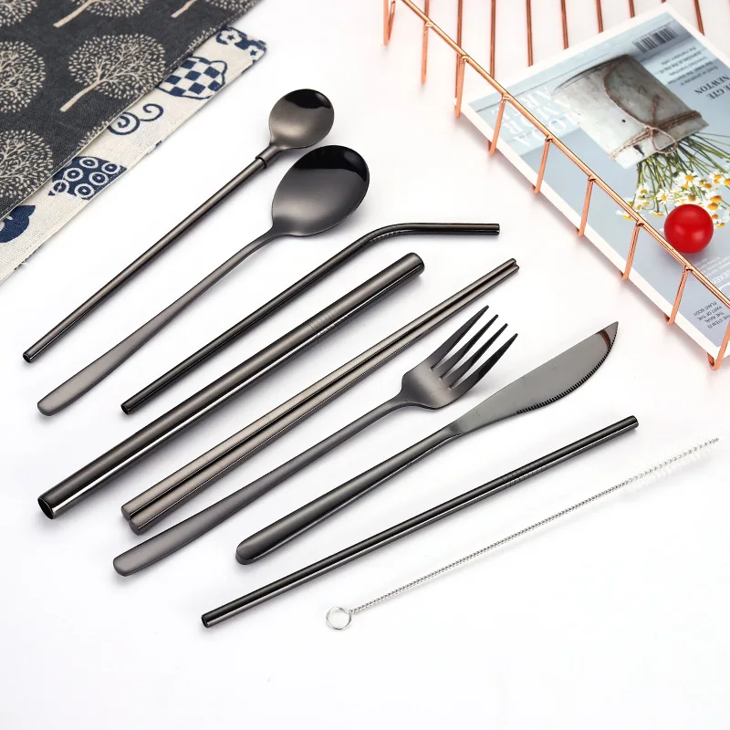 

2019new Korean Portable Cutlery Stainless Steel Cutlery Chopsticks Fork Spoon Metal Straw Brush Close Bag for Party Cutlery Set